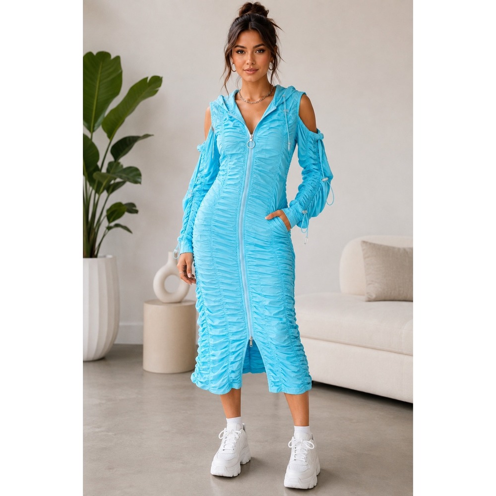 Akira Take My Lead Cold Shoulder Ruched Nylon Trench Dress Blue Large NWT